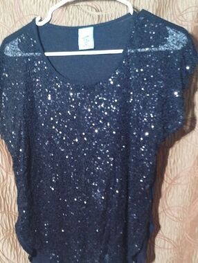 h.i.p. Black Short Sleeve Sequin Scoop Neck Top